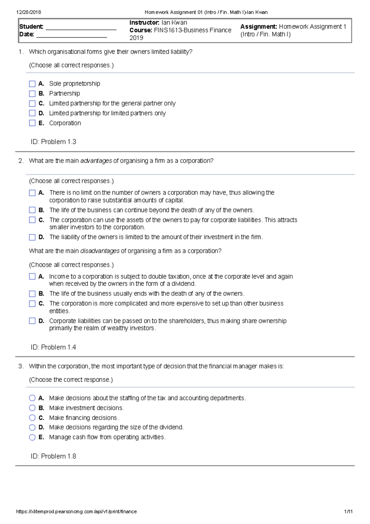 Homework Assignment 1 (Intro Fin. Math I) - 12/28/2018 Homework ...