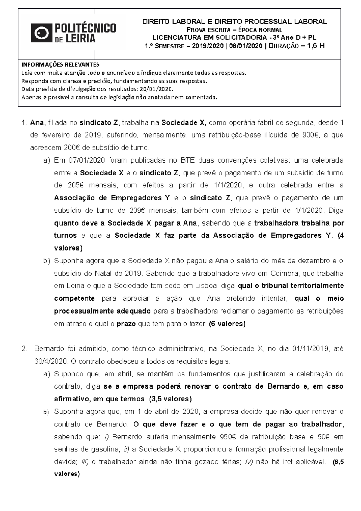 Exame Epoca Normal Provas Escritas Direito Laboral E Direito Processual Laboral Prova 7019