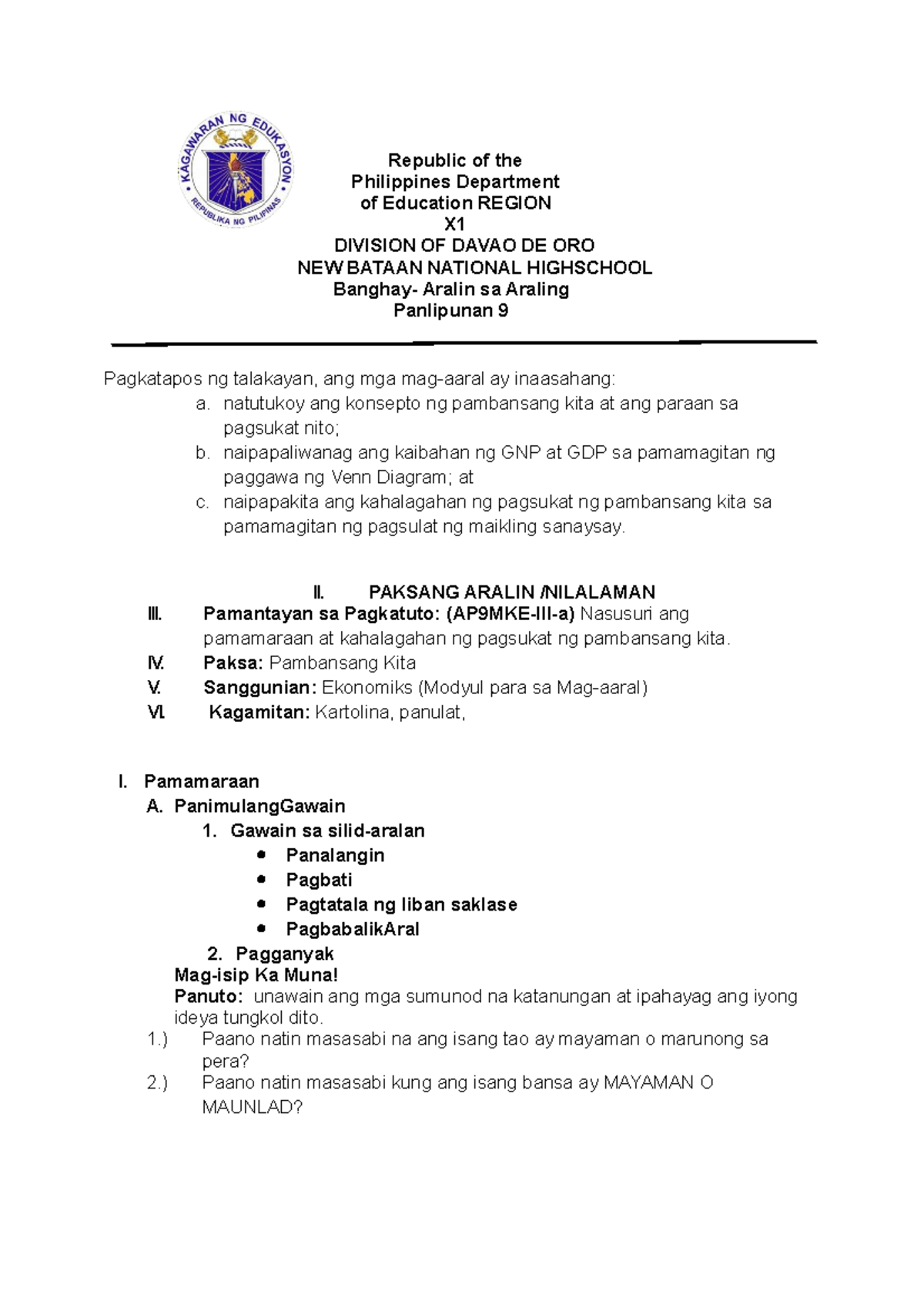 Banua Semi Detailed Lp Gni Gnp Republic Of The Philippines Department Of Education Region X 1120