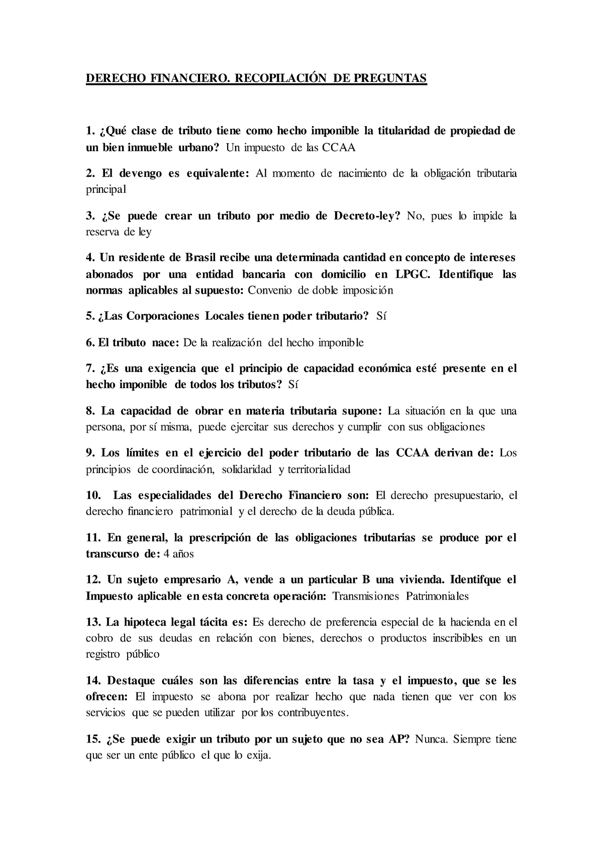 TEST 2019, Preguntas Y Respuestas - DERECHO FINANCIERO. RECOPILACIÓN DE ...