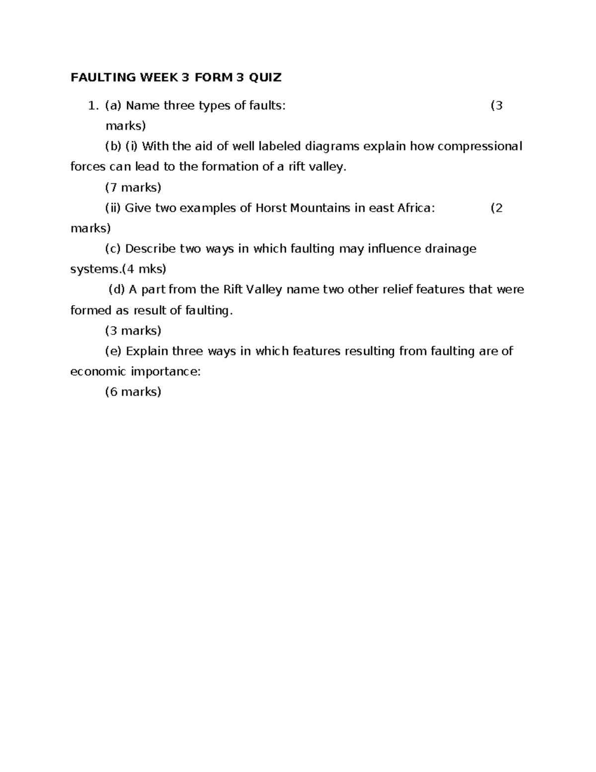 Faulting WEEK 3 FORM 3 QUIZ FAULTING WEEK 3 FORM 3 QUIZ (a) Name