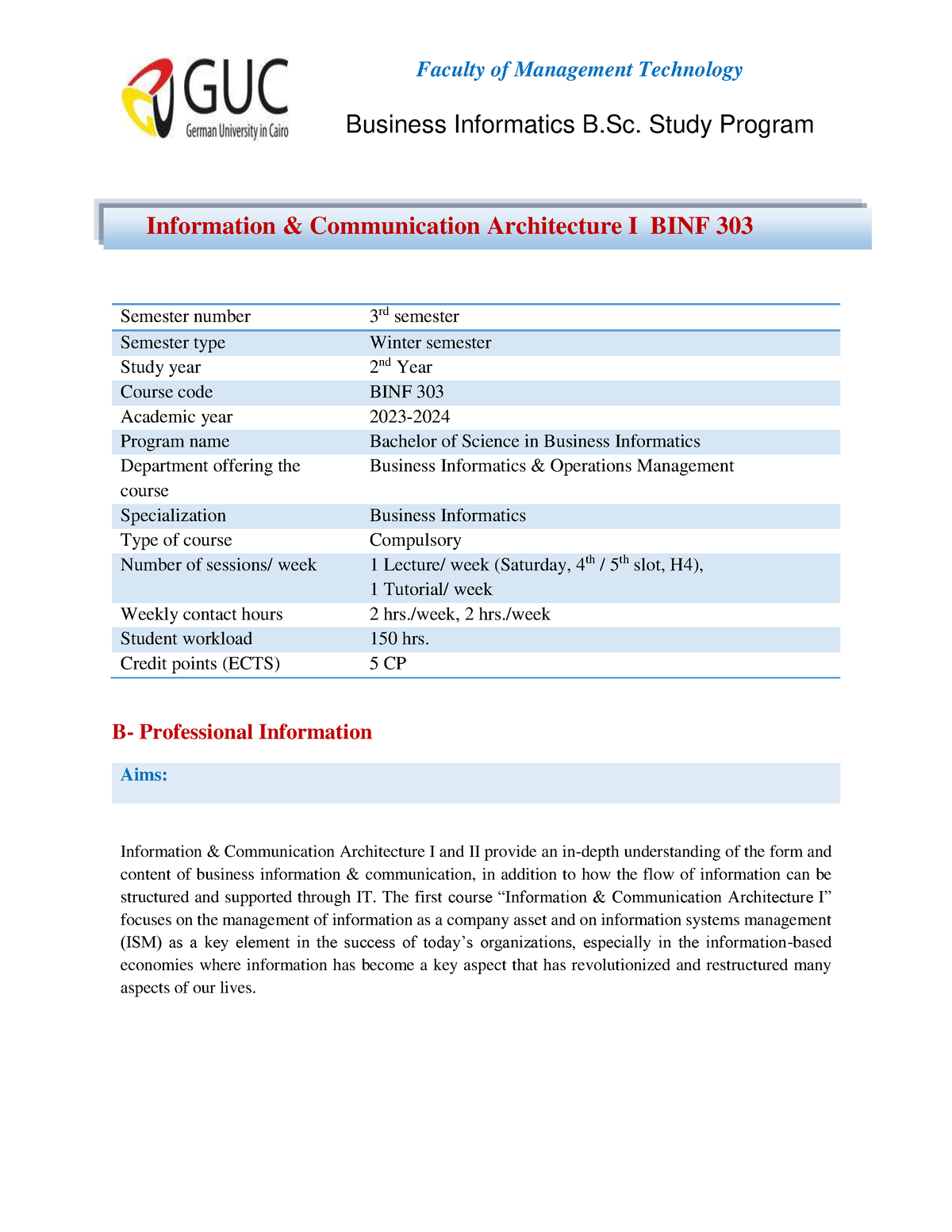 Course Outline - Business Informatics B. Study Program Information ...