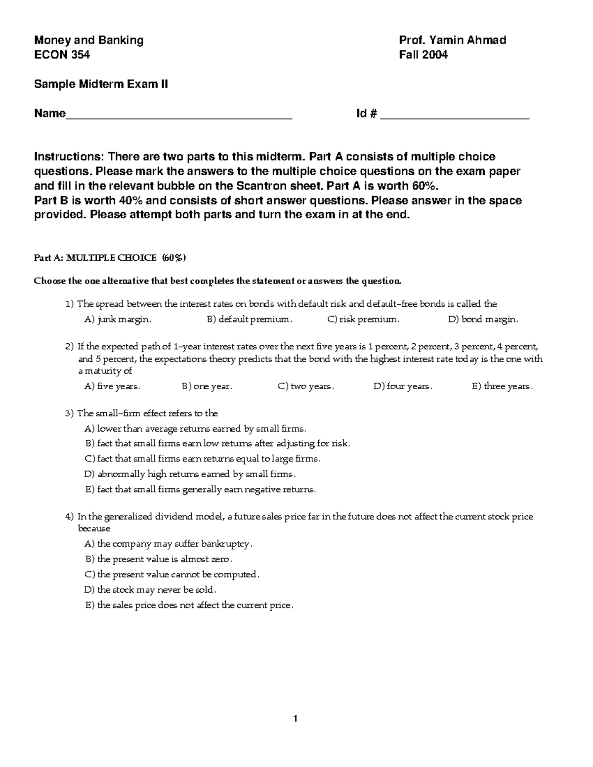Smid2 mock test with answers Money and Banking Prof. Yamin Ahmad ECON