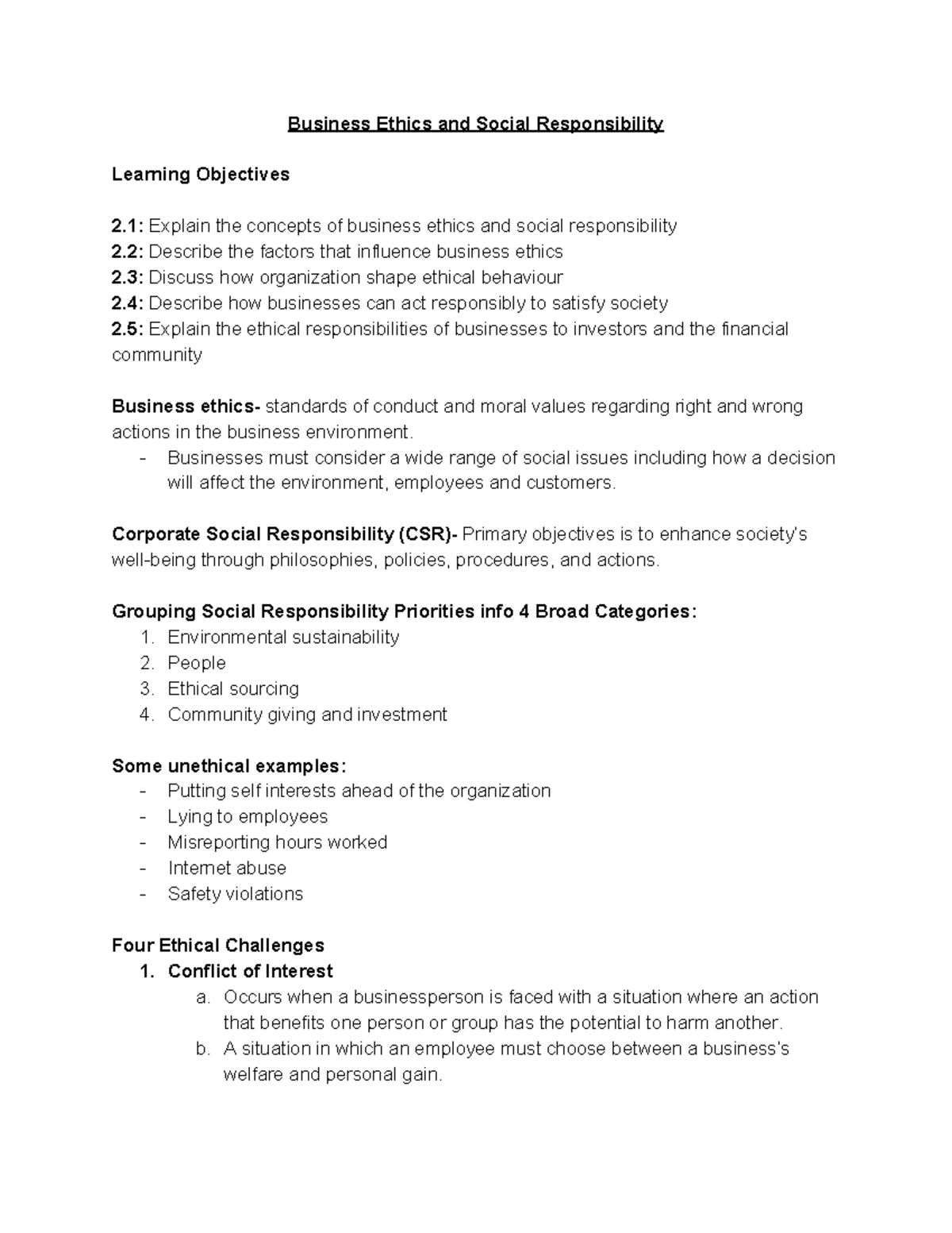 Chapter 2 Notes - Business Ethics and Social Responsibility Learning ...