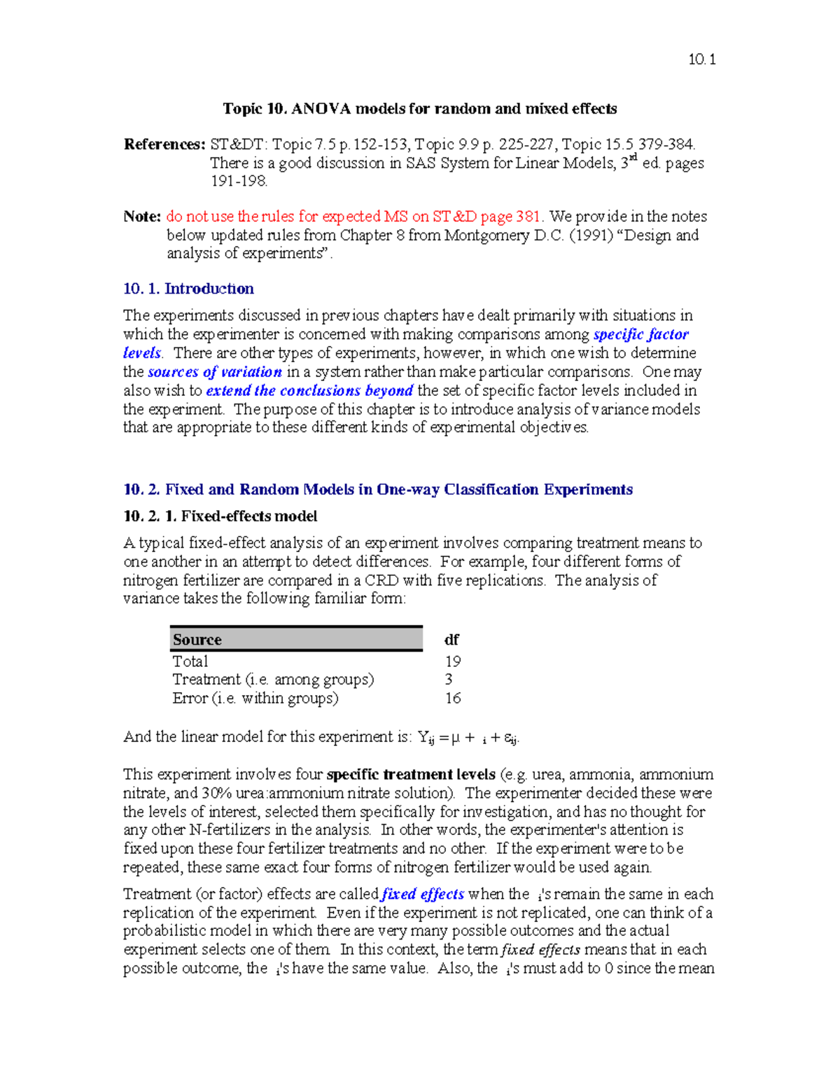 Anova for fixed vs random effect model Topic 10. ANOVA models for random and mixed effects