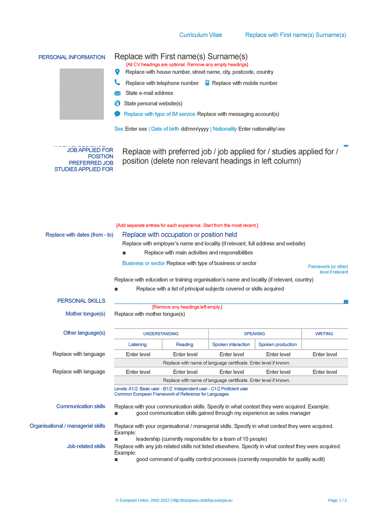 Europass CV template - Curriculum Vitae Replace with First name(s ...