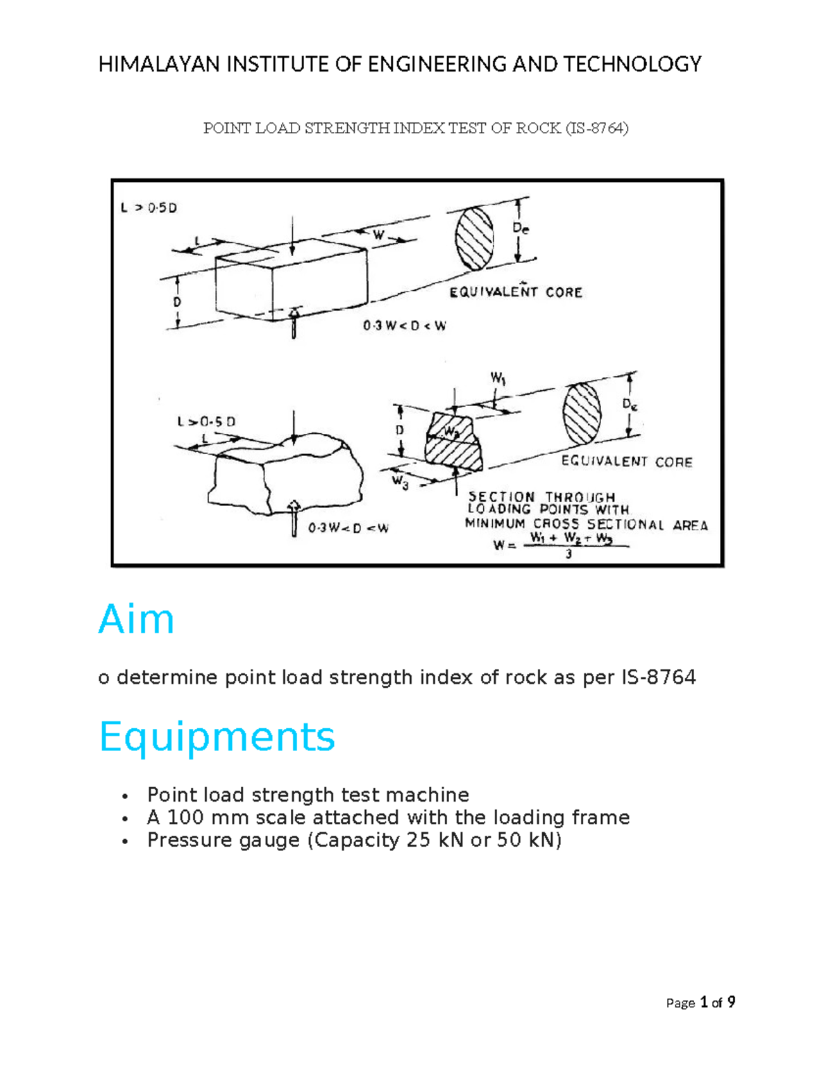 Engineering geology Lab - POINT LOAD STRENGTH INDEX TEST OF ROCK (IS ...