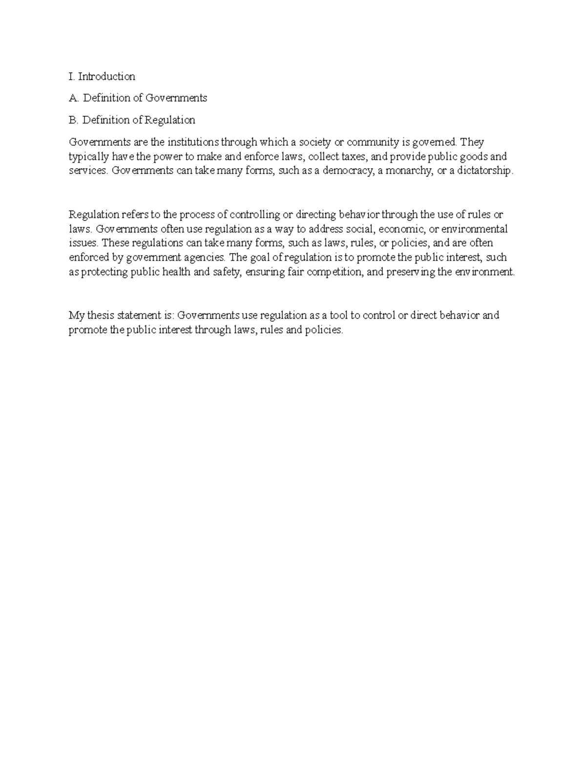 Governments and regulation 1 I. Introduction A. Definition of