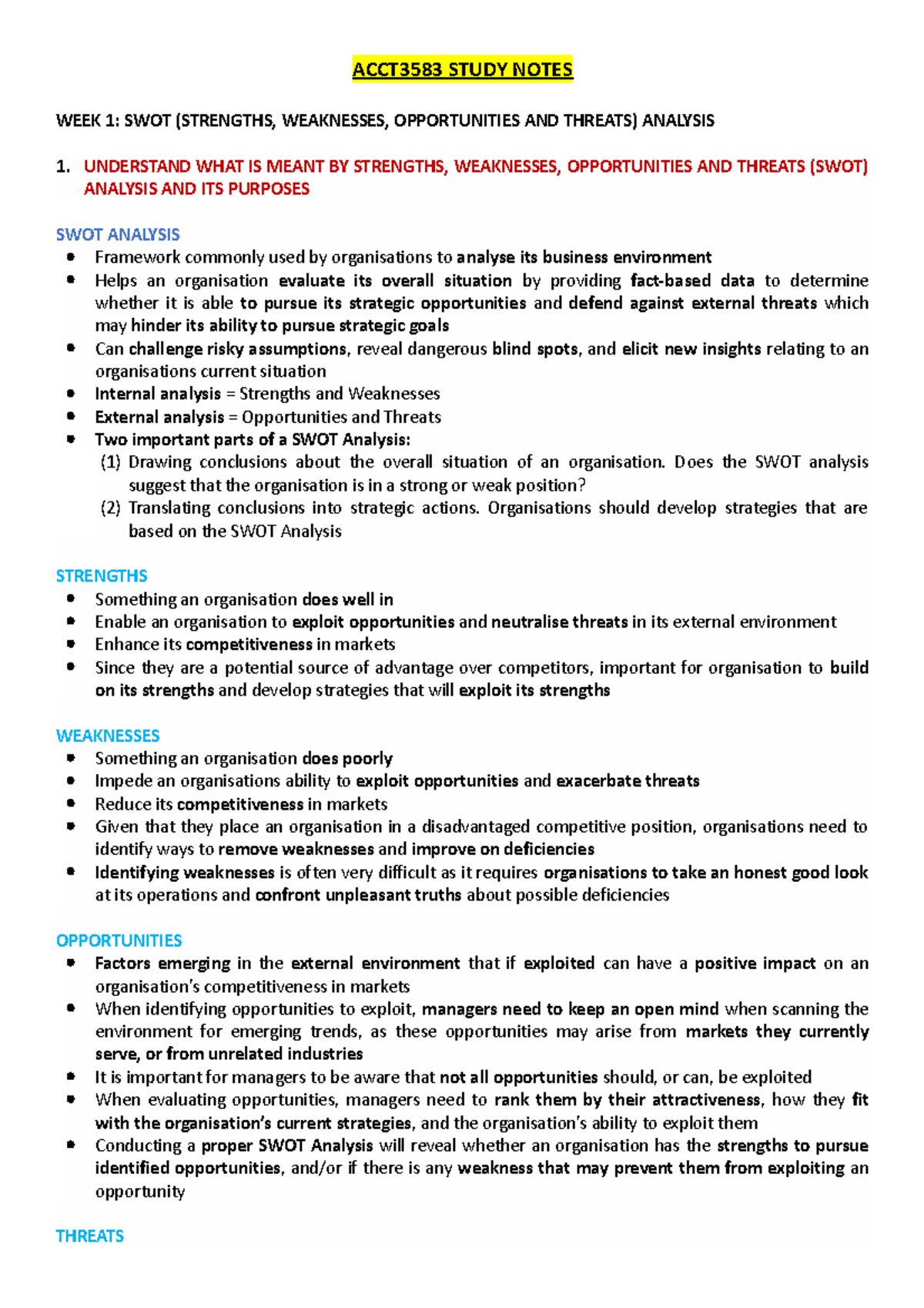 WEEK 1 Study Notes - ACCT3583 STUDY NOTES WEEK 1: SWOT (STRENGTHS ...
