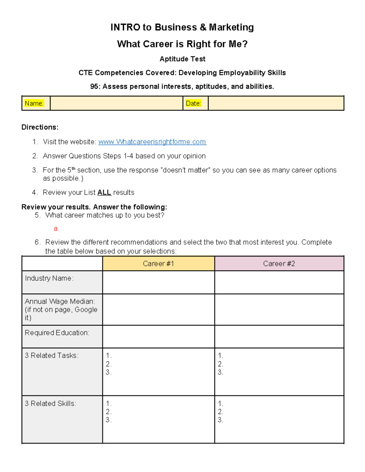 Copy of Career Exploring Survey Intro to Business and Marketing - INTRO ...