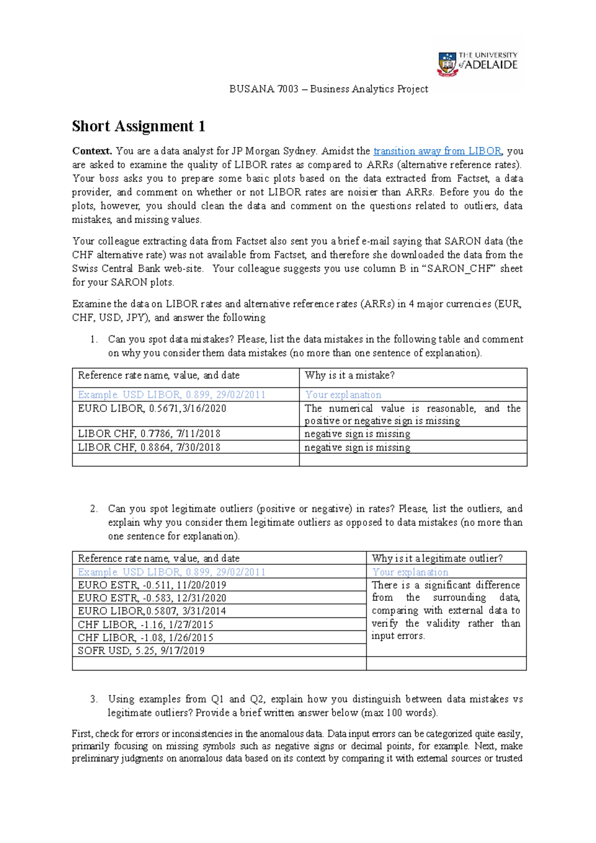 Assignment 1 yimeilin - BUSANA 7003 – Business Analytics Project Short ...