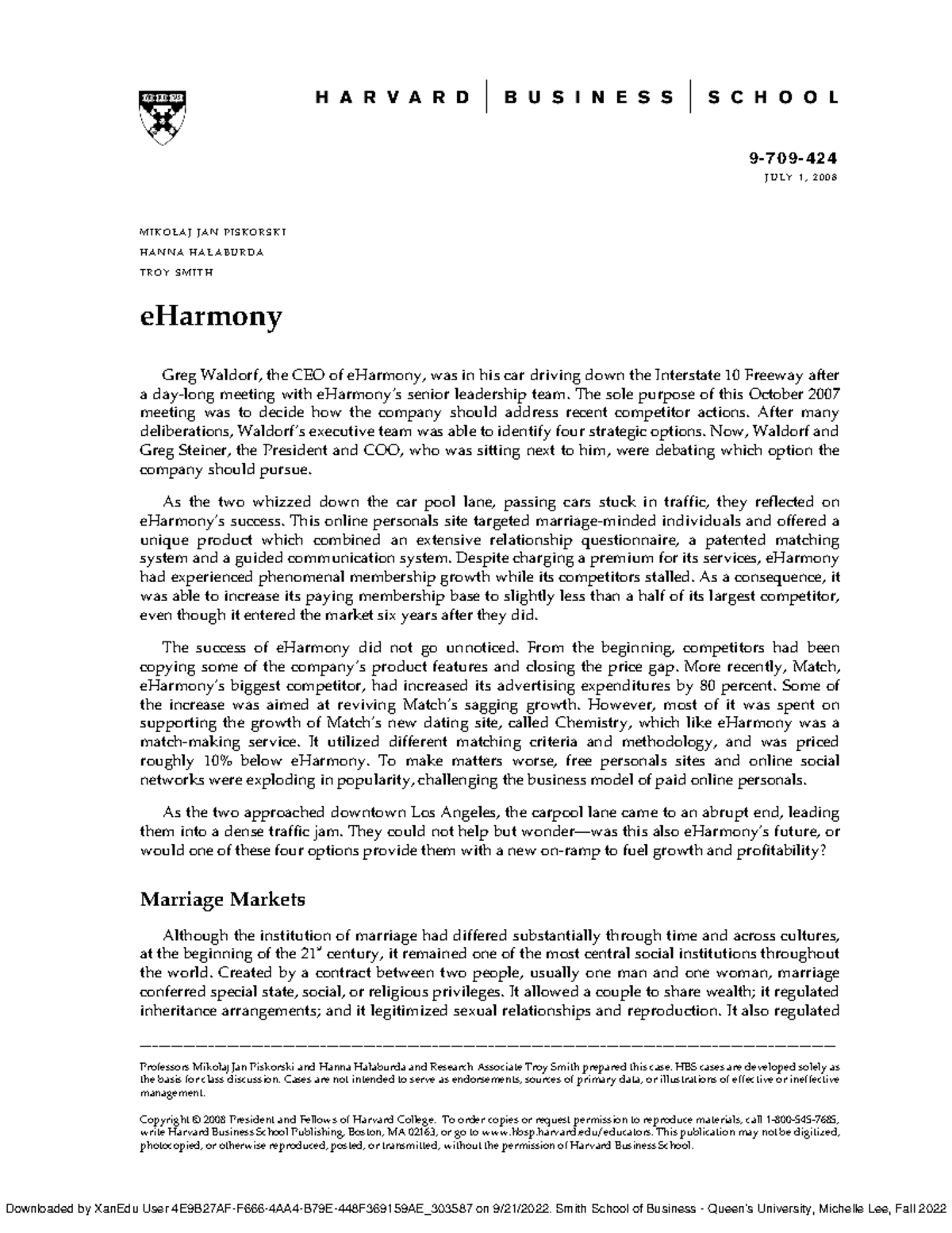 709424 p2 - eHarmony Case Analysis - 9 - 7 0 9 - 4 2 4 J U L Y 1 , 2 0 ...