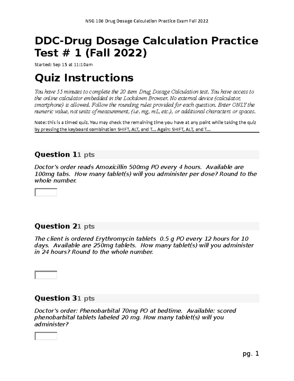 Nsg 106 Drug Dose Calculation Practice Exam Ddc Drug Dosage Calculation Practice Test 1