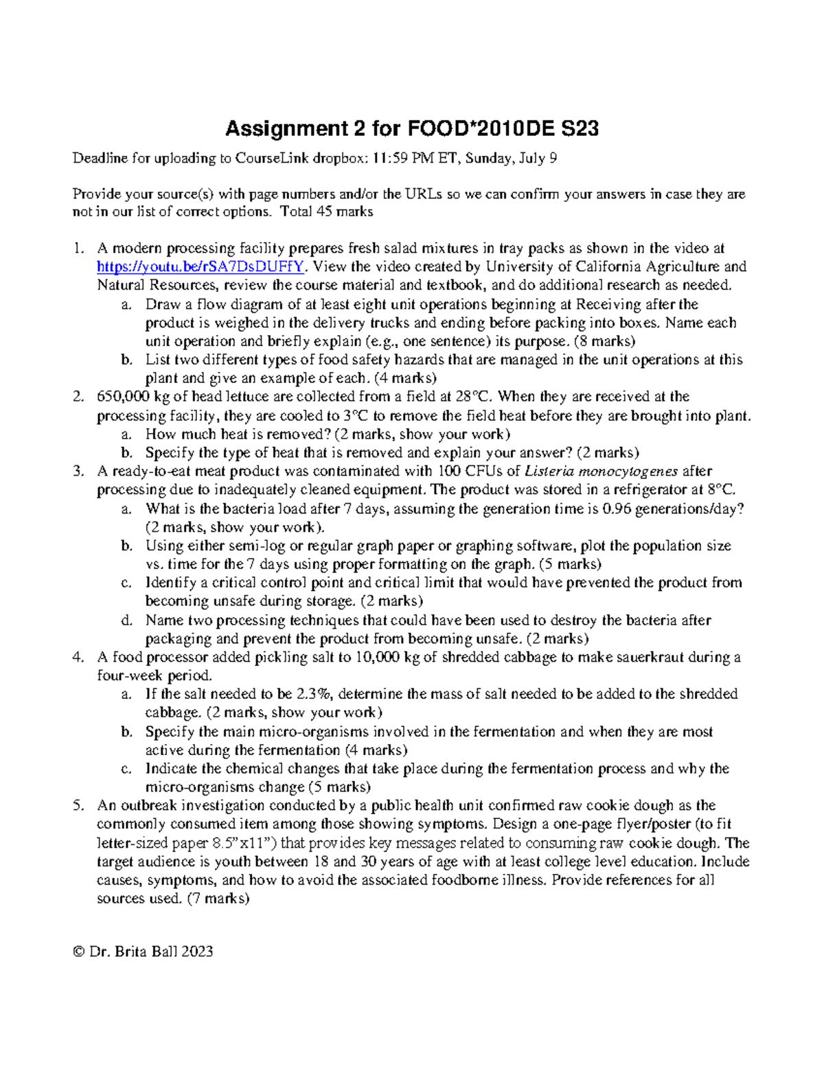 Assignment 2-S23 - Assignment 2 for FOOD*2010DE S Deadline for ...