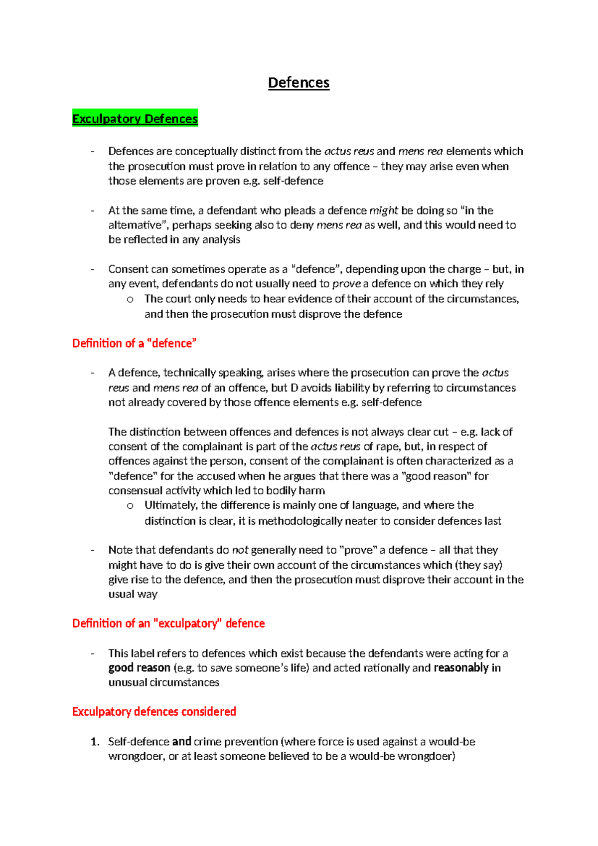 Defences Summary - Defences Exculpatory Defences Defences are ...