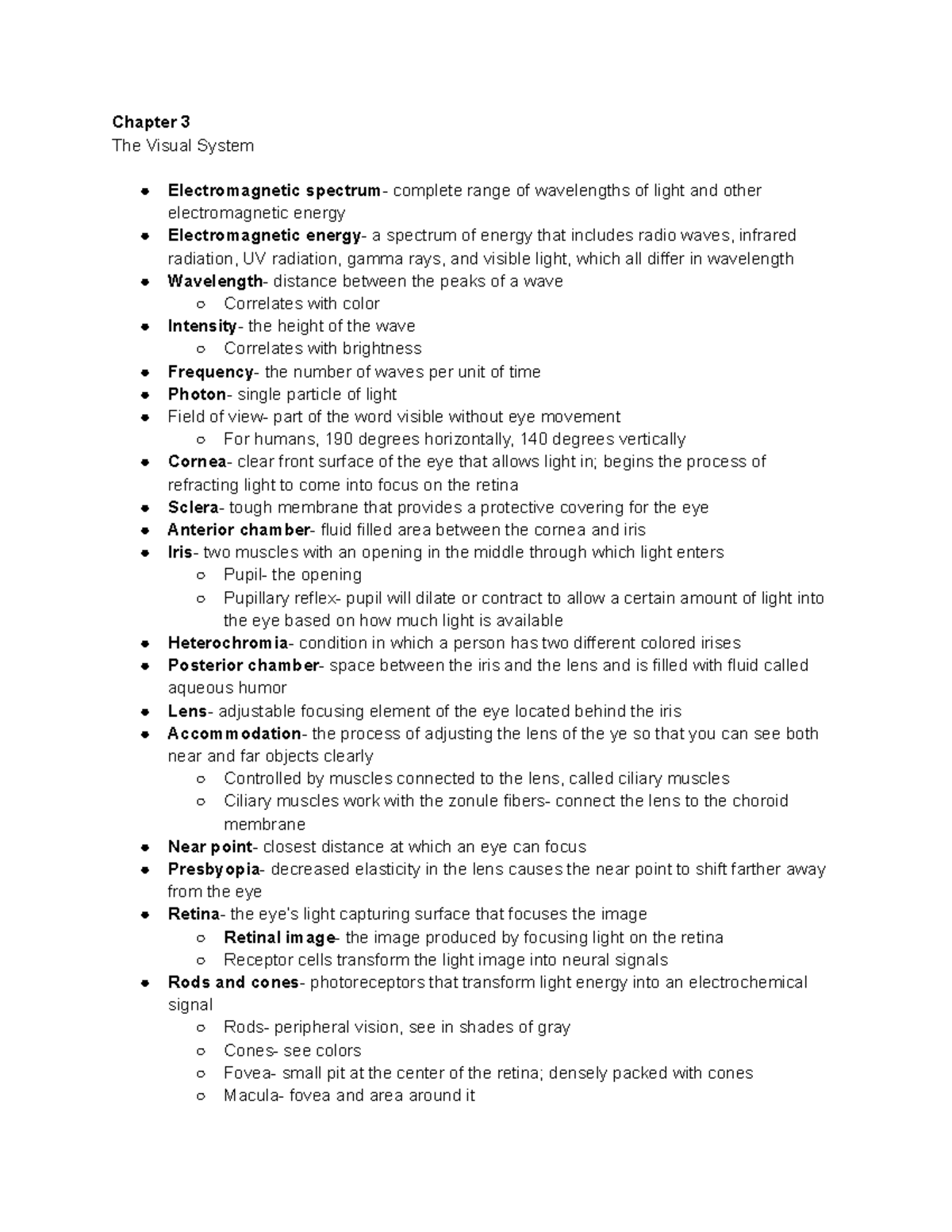 Chapter 3 Notes - Chapter 3 The Visual System Electromagnetic spectrum ...