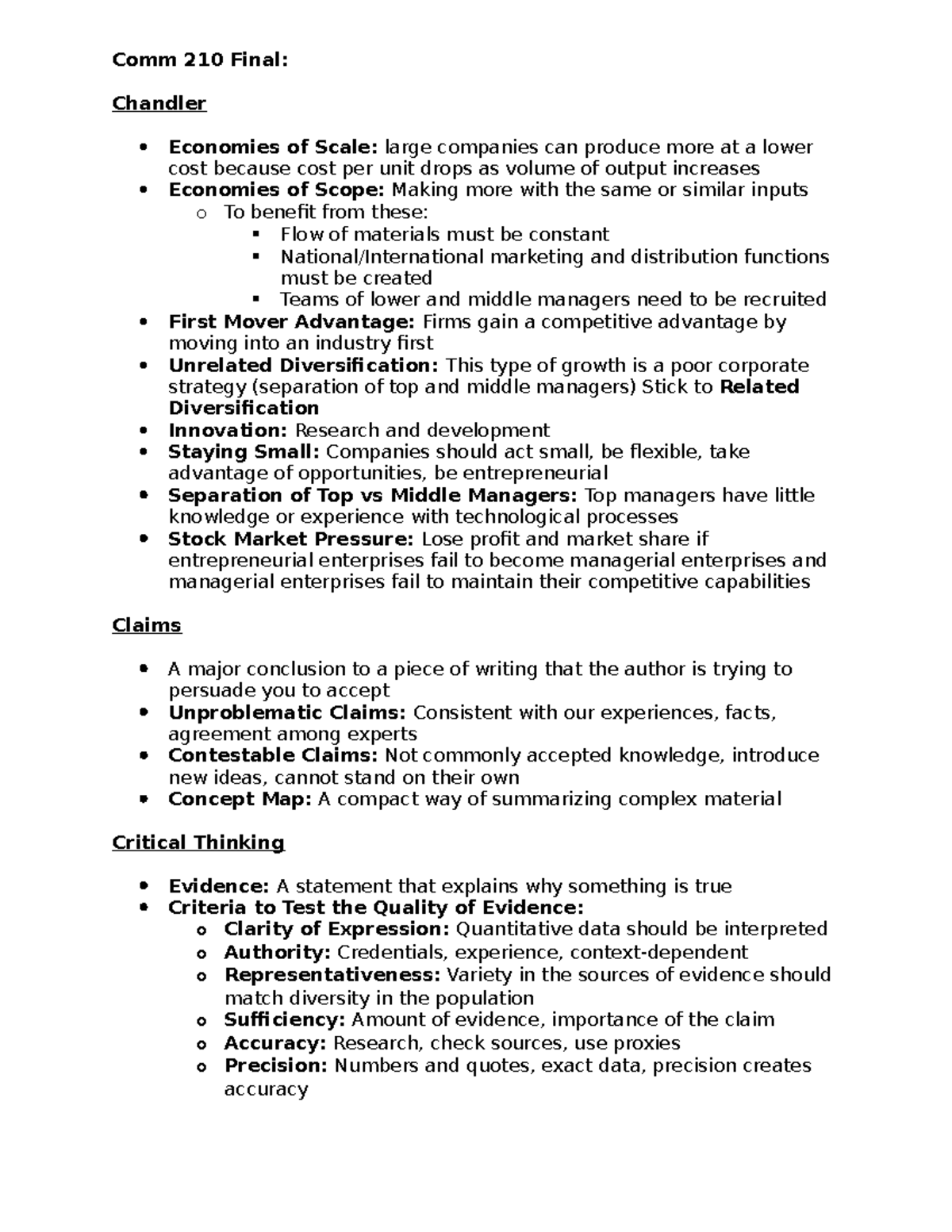 Comm 210 Final Exam Notes - Comm 210 Final: Chandler Economies of Scale ...