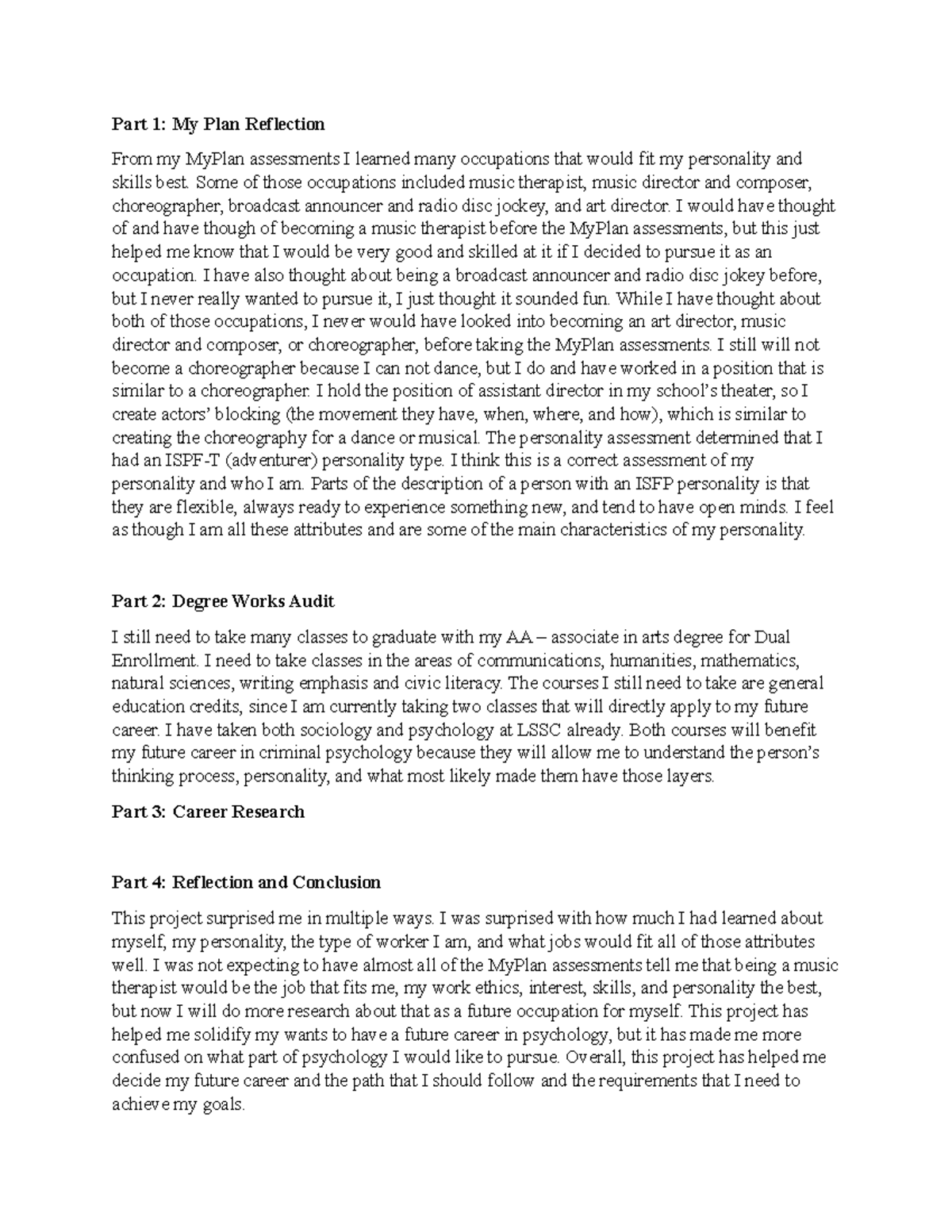 Career Project - work - Part 1: My Plan Reflection From my MyPlan ...