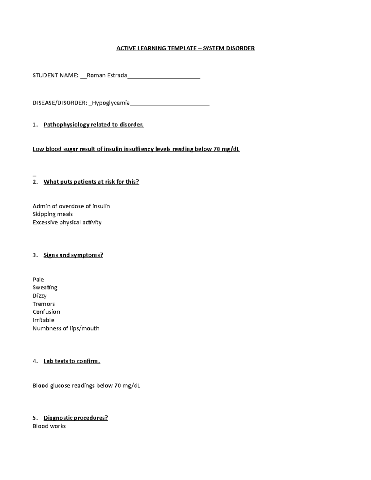 Hypoglycemia ACTIVE LEARNING TEMPLATE SYSTEM DISORDER STUDENT NAME