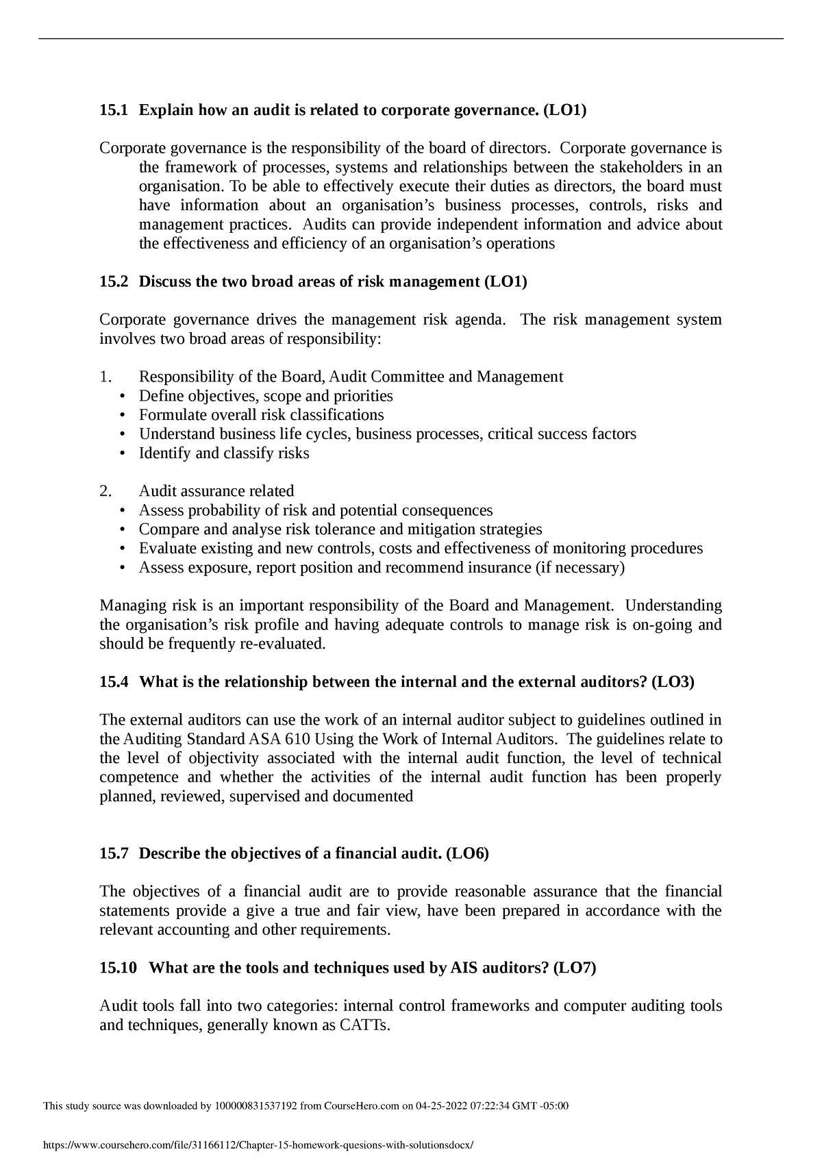 Chapter 15 homework quesions with solutions - 15 Explain how an audit ...