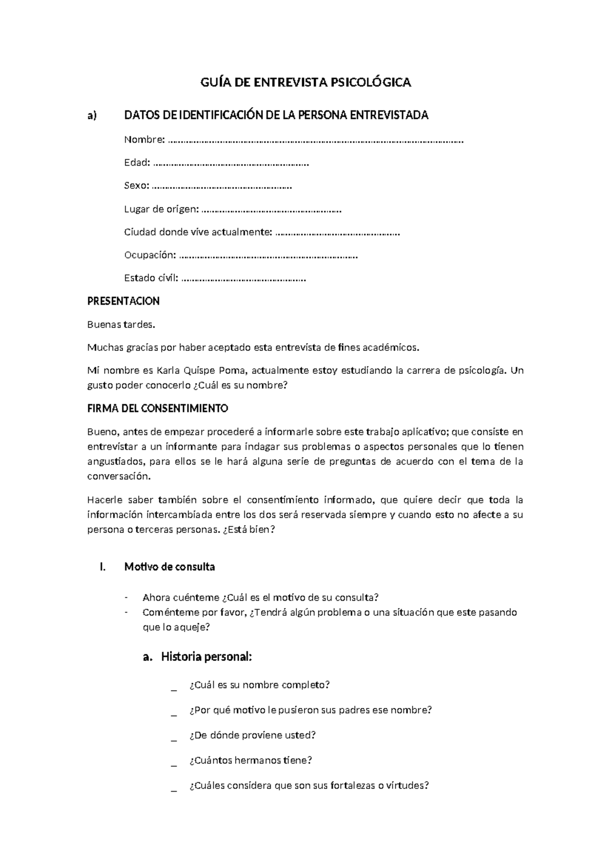 Esquema de GUIA DE Entrevista Psicológica - GUÍA DE ENTREVISTA ...