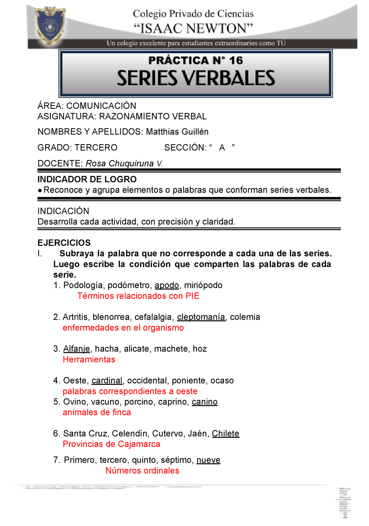 Práctica DE Series Verbales - ÁREA: COMUNICACIÓN ASIGNATURA ...