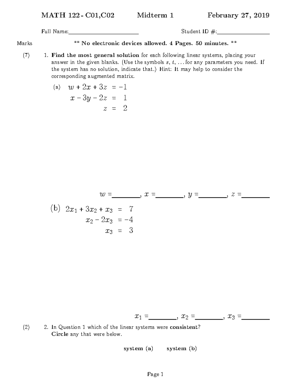 Mid Term 1 Question Paper Version 1 - MATH 122 - C01,C02 Midterm 1 ...