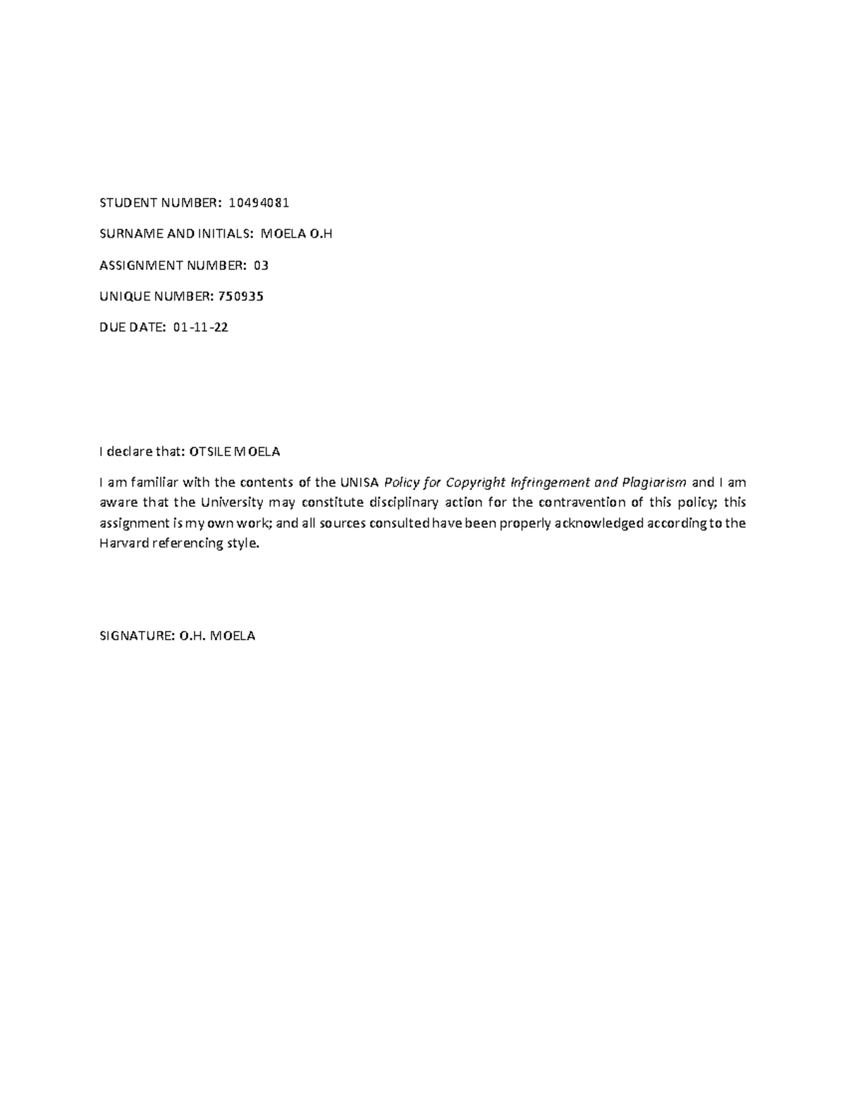 Exam tms3731 - unisa study guide - STUDENT NUMBER: 10494081 SURNAME AND ...