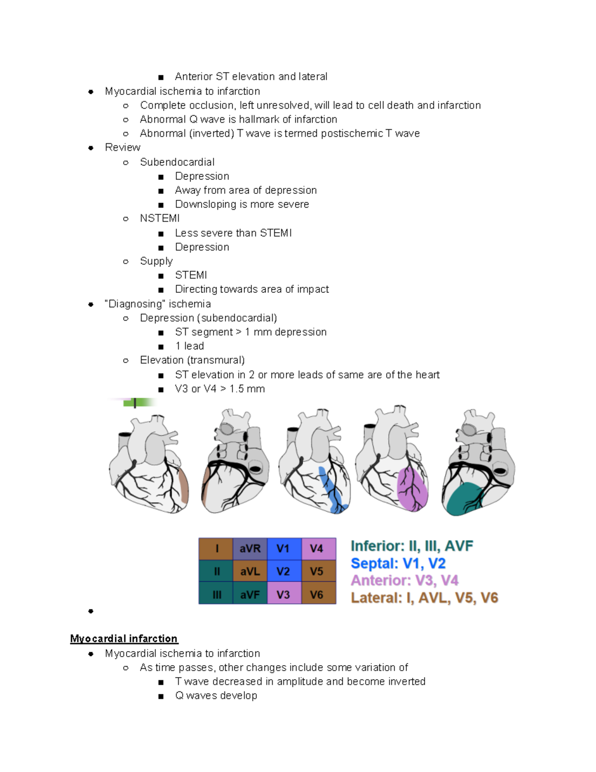 Ecg 2 Notes For Exam 2 ¥ Anterior St Elevation And Lateral ï Myocardial Ischemia To