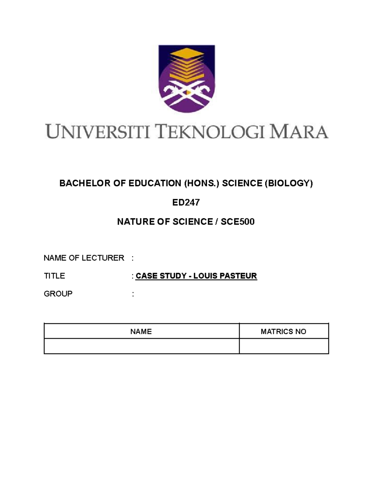 SCE CASE Study SCE500 BACHELOR OF EDUCATION (HONS.) SCIENCE