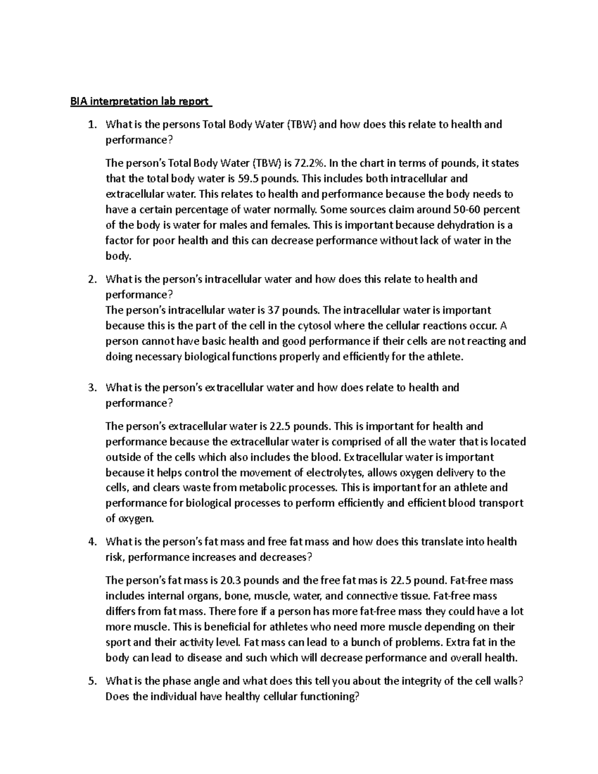 Exs alto lab first lab BIA interpretation lab report What is the