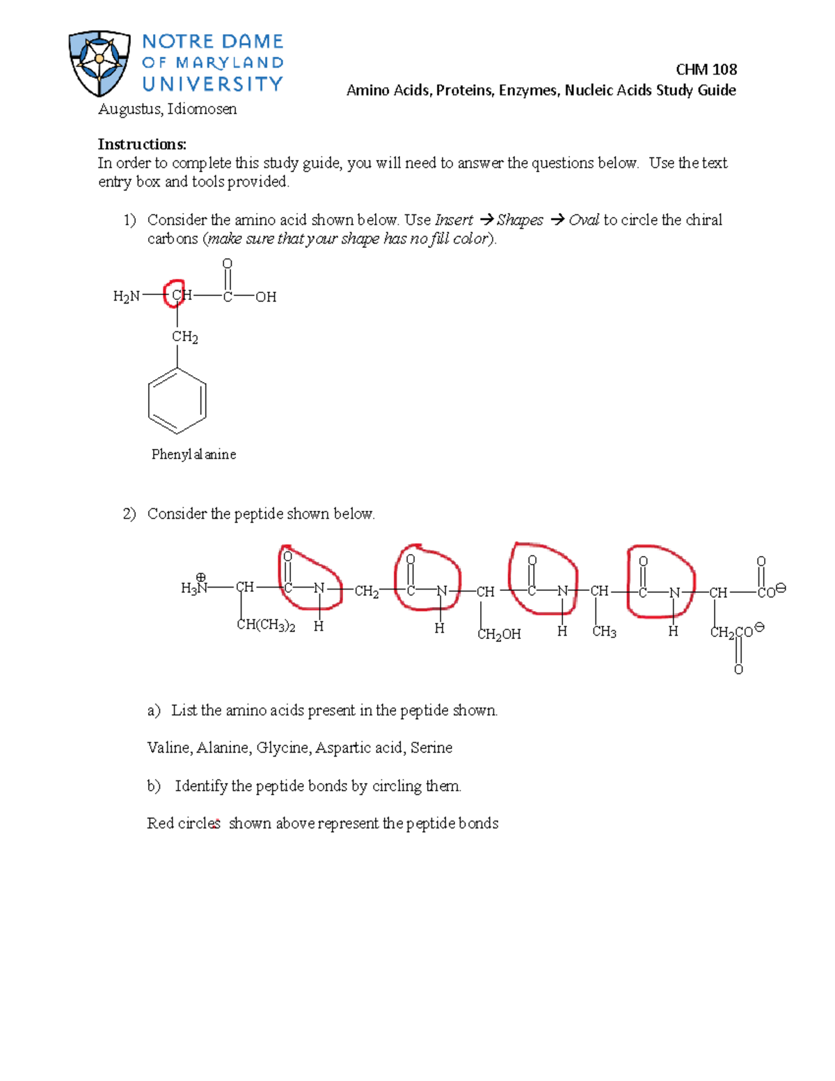 CHM 108 Proteins and Nucleic Acids Study Guide iaugustus Amino Acids