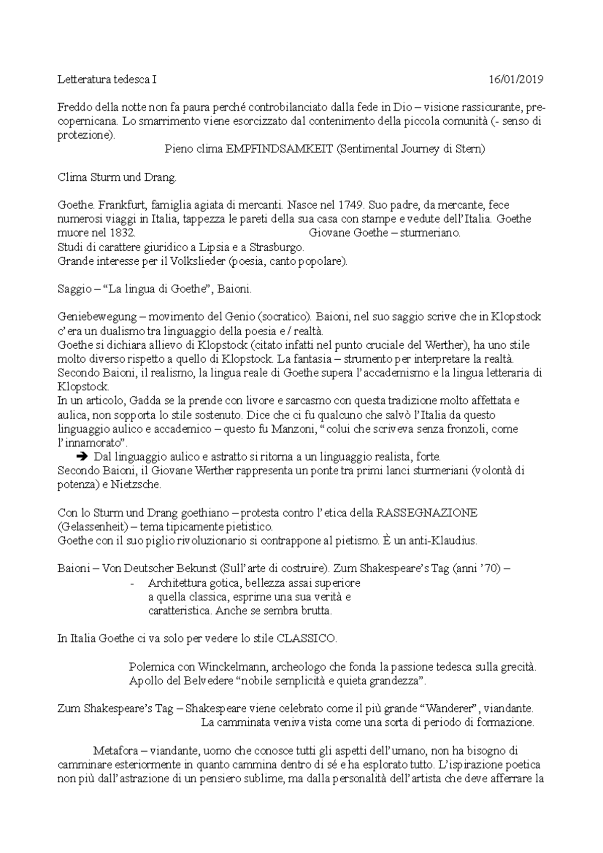 Goethe e Sturm und Drang Letteratura tedesca I 16/01/ Freddo della