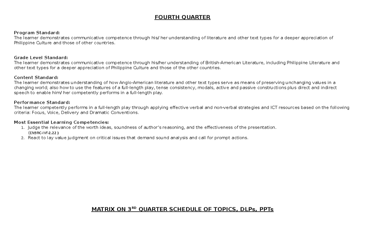 G9 QW Standards - Quarterly Budget of Work Q4 - FOURTH QUARTER Program ...