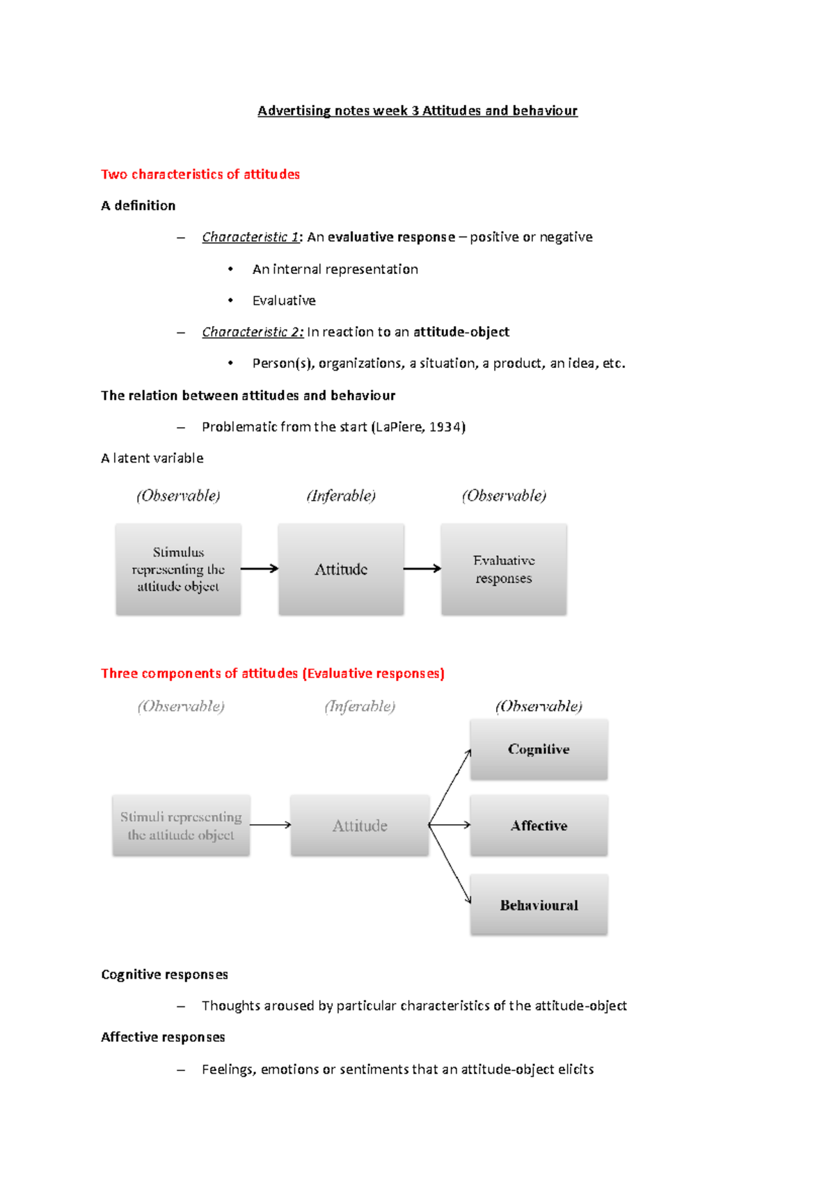 Lecture 3 Attitudes and behaviour - Advertising notes week 3 Attitudes ...