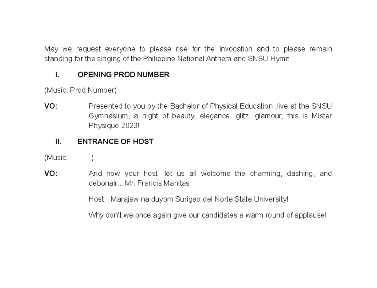 Script for mr physique 2023 - May we request everyone to please rise ...