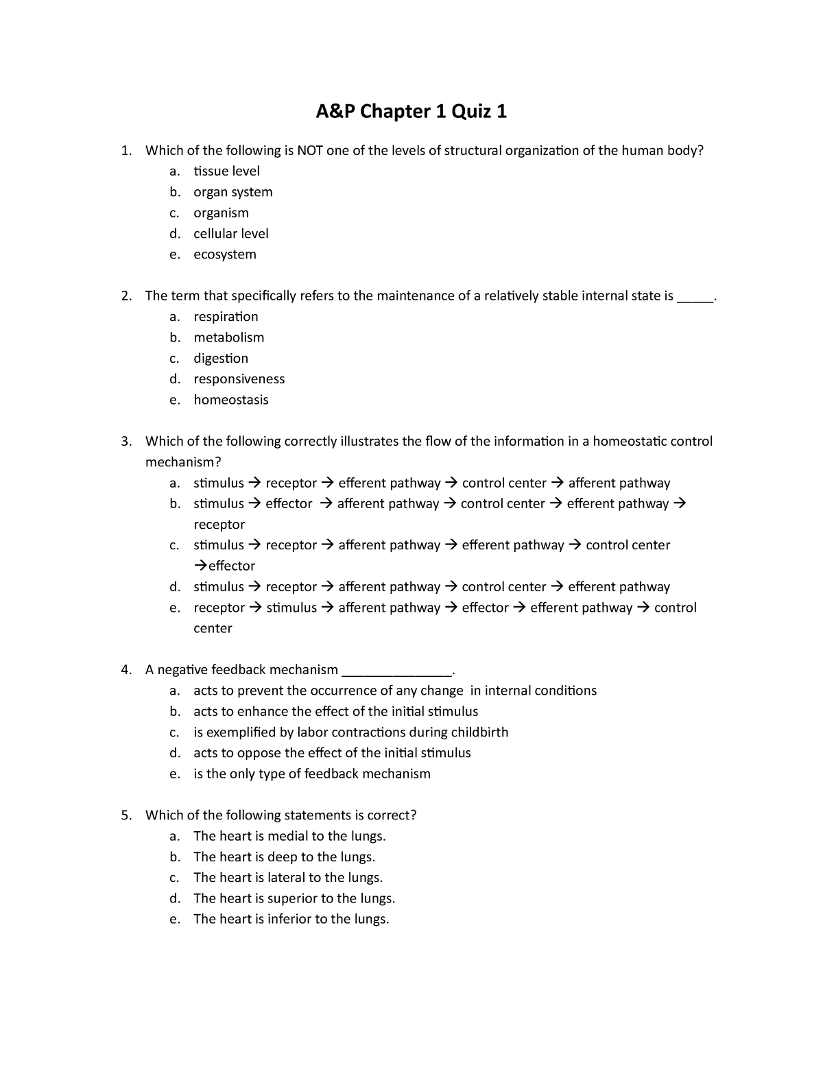 An P Ch1 Quiz 1 - Anatomy - A&P Chapter 1 Quiz 1 Which Of The Following ...