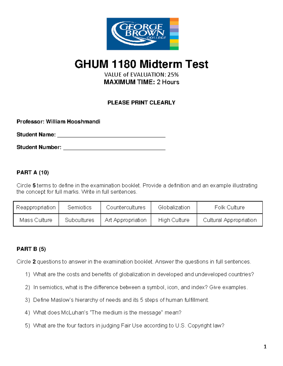 GHUM 1180 - Midterm quiz - 1 GHUM 1180 Midterm Test VALUE of EVALUATION ...