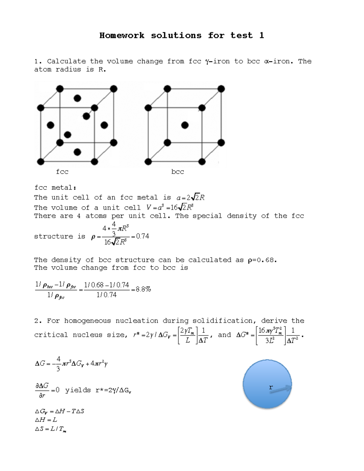 Homework solutions for test 1 - Calculate the volume change from fcc γ ...