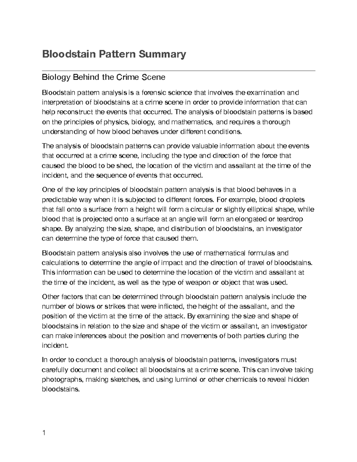 Bloodstain Pattern Summary - Bloodstain Pattern Summary Biology Behind ...