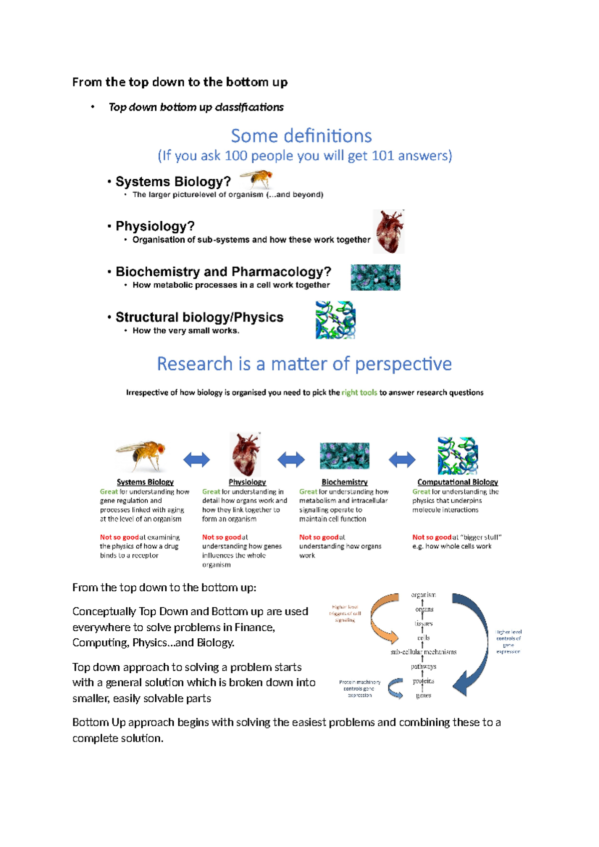 From the top down to the bottom up - . Biology. Top down approach to ...