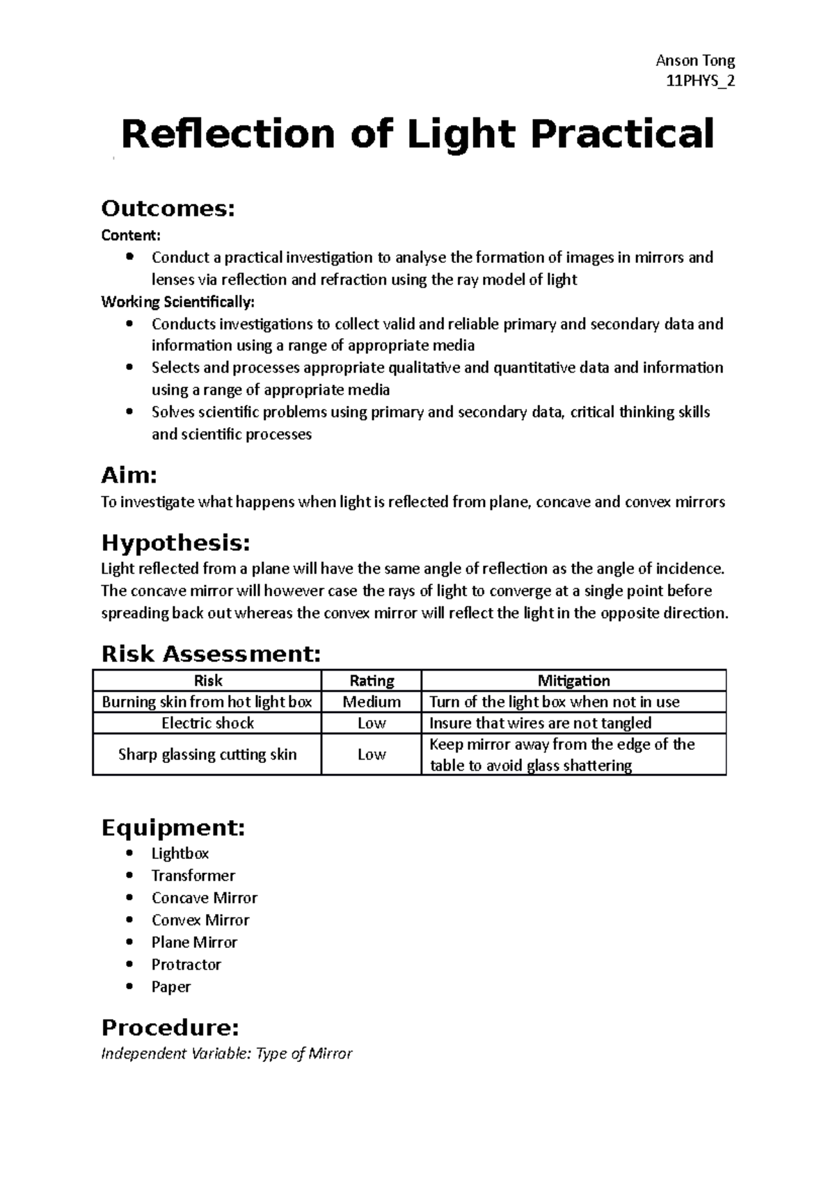 reflection of light experiment pdf