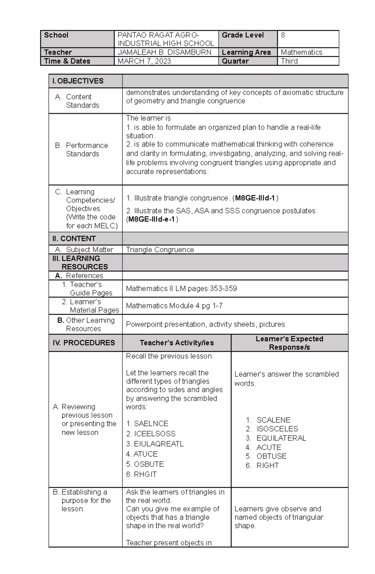 lesson plan for mathematics 8 - School PANTAO RAGAT AGRO- INDUSTRIAL ...