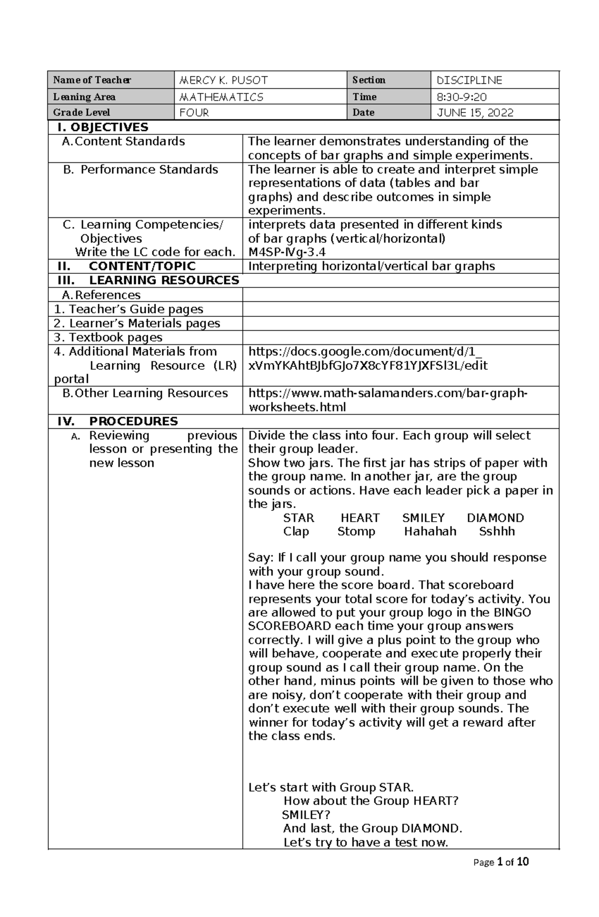 Grade 4 CO Math - Name of Teacher MERCY K. PUSOT Section DISCIPLINE ...