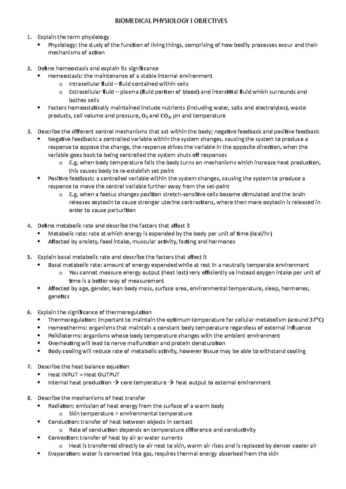 Biomedical Physiology I Objectives - BIOMEDICAL PHYSIOLOGY I OBJECTIVES ...