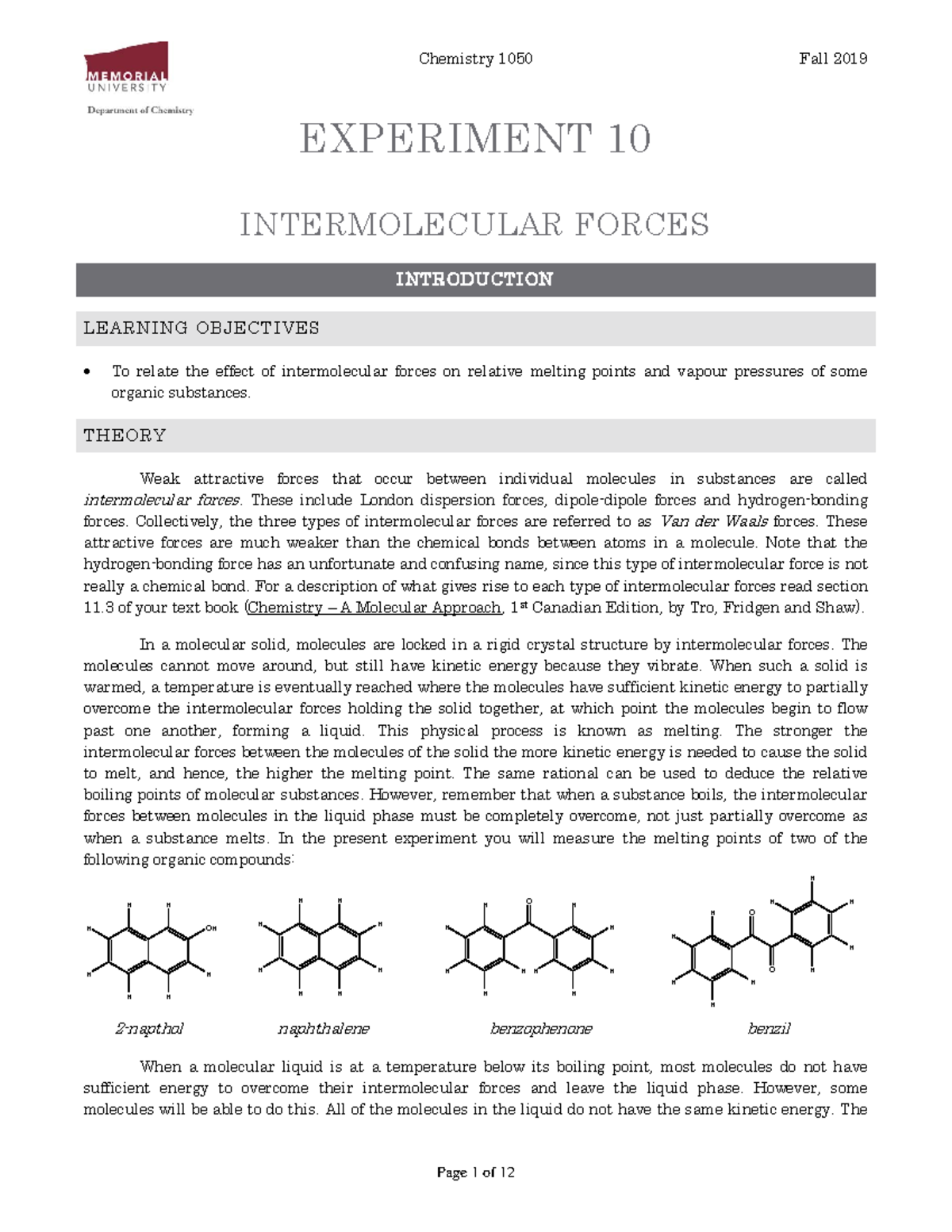 1050 Exp10 IMF - Chem Lab - Chemistry 1050 Fall 2019 EXPERIMENT 10 ...