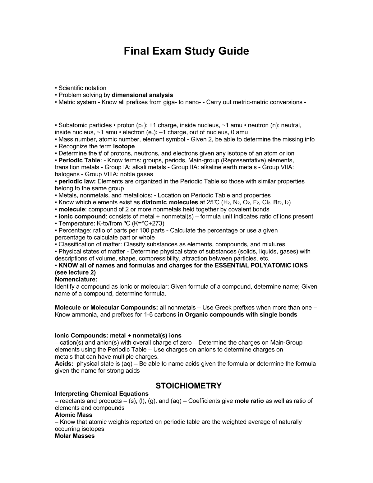 Chem 1 Final+study+guide - Final Exam Study Guide Scientific Notation ...