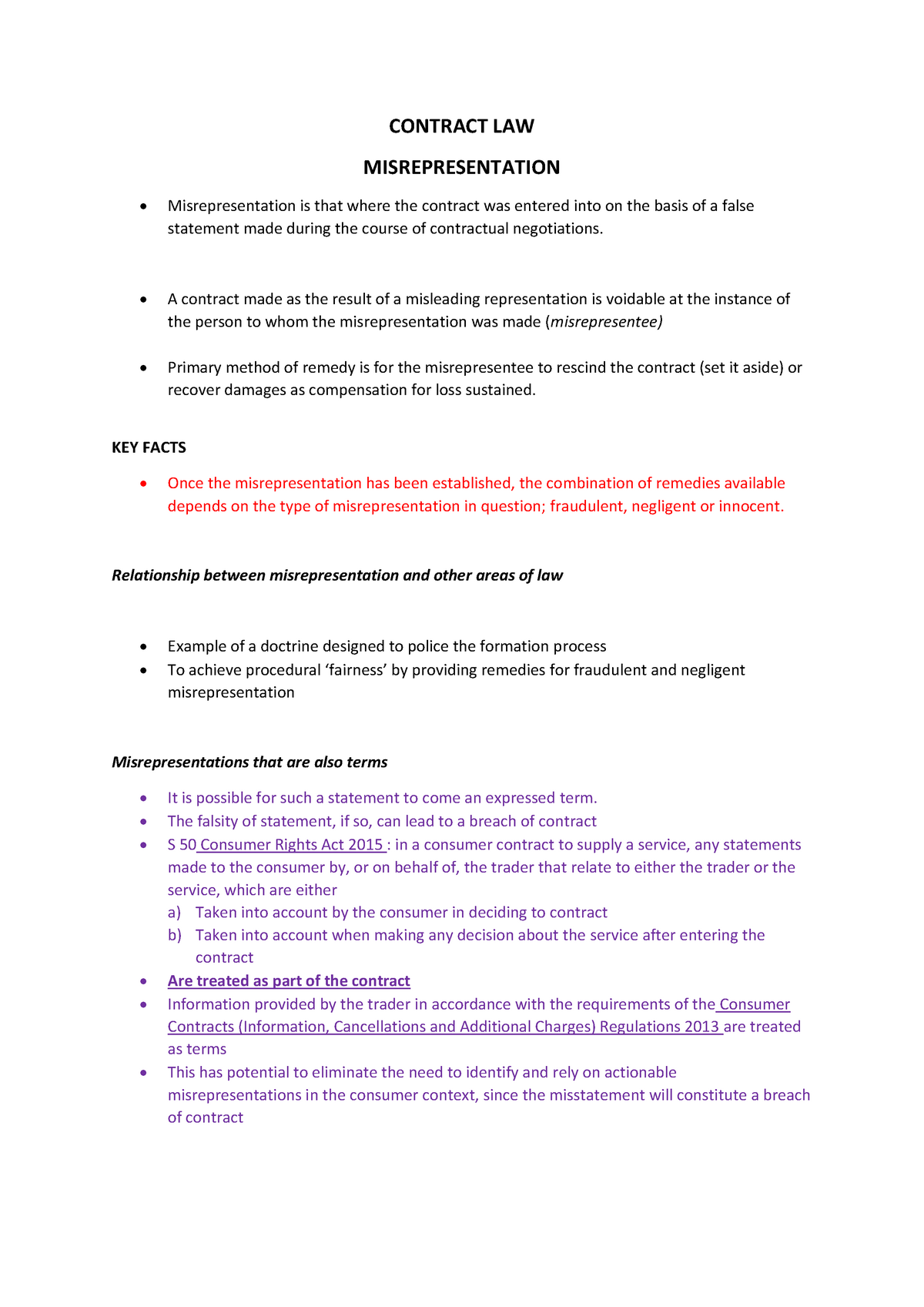 Contract LAW - Misrepresentation - CONTRACT LAW MISREPRESENTATION ...