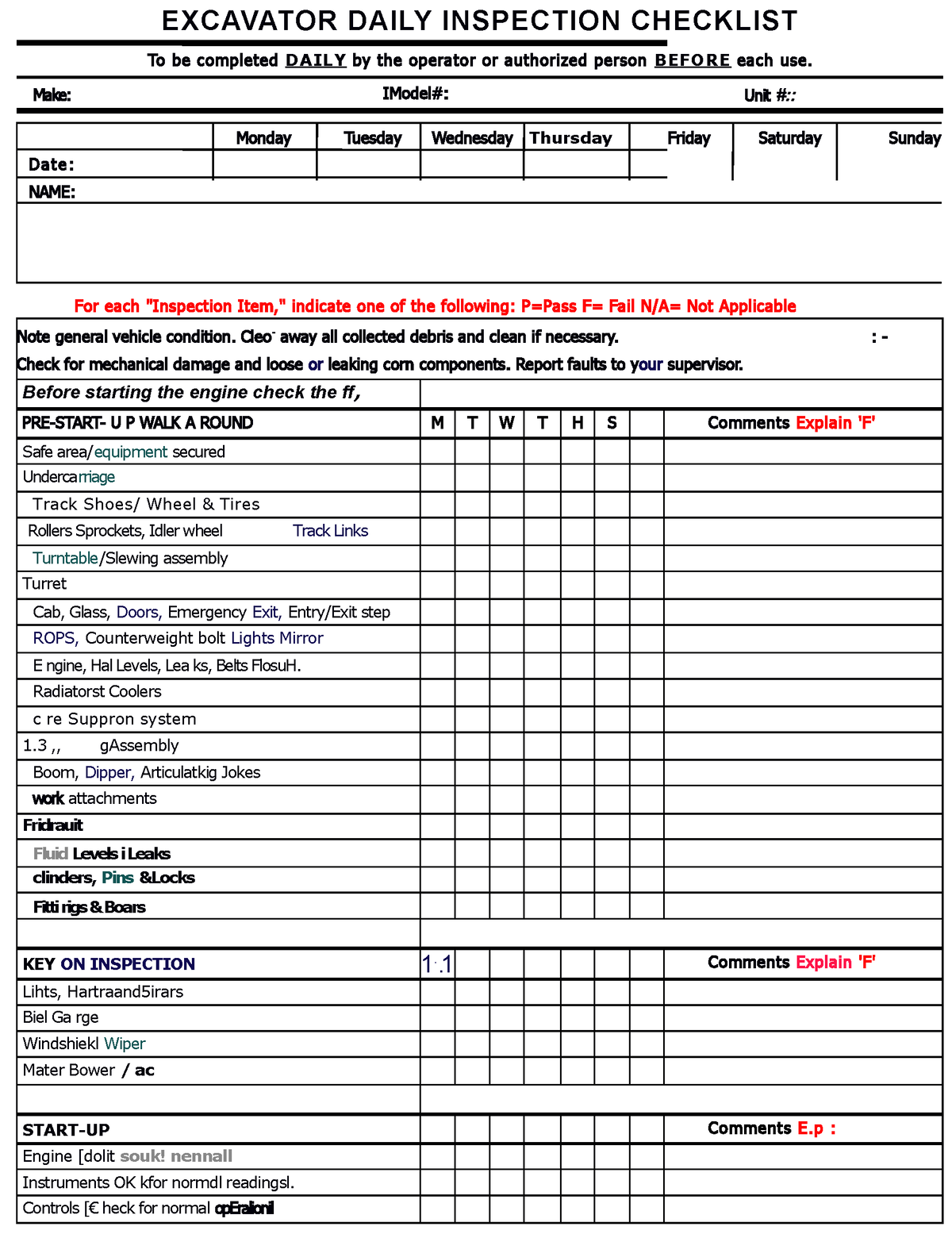 Excavator checklist - EXCAVATOR DAILY INSPECTION CHECKLIST To be ...