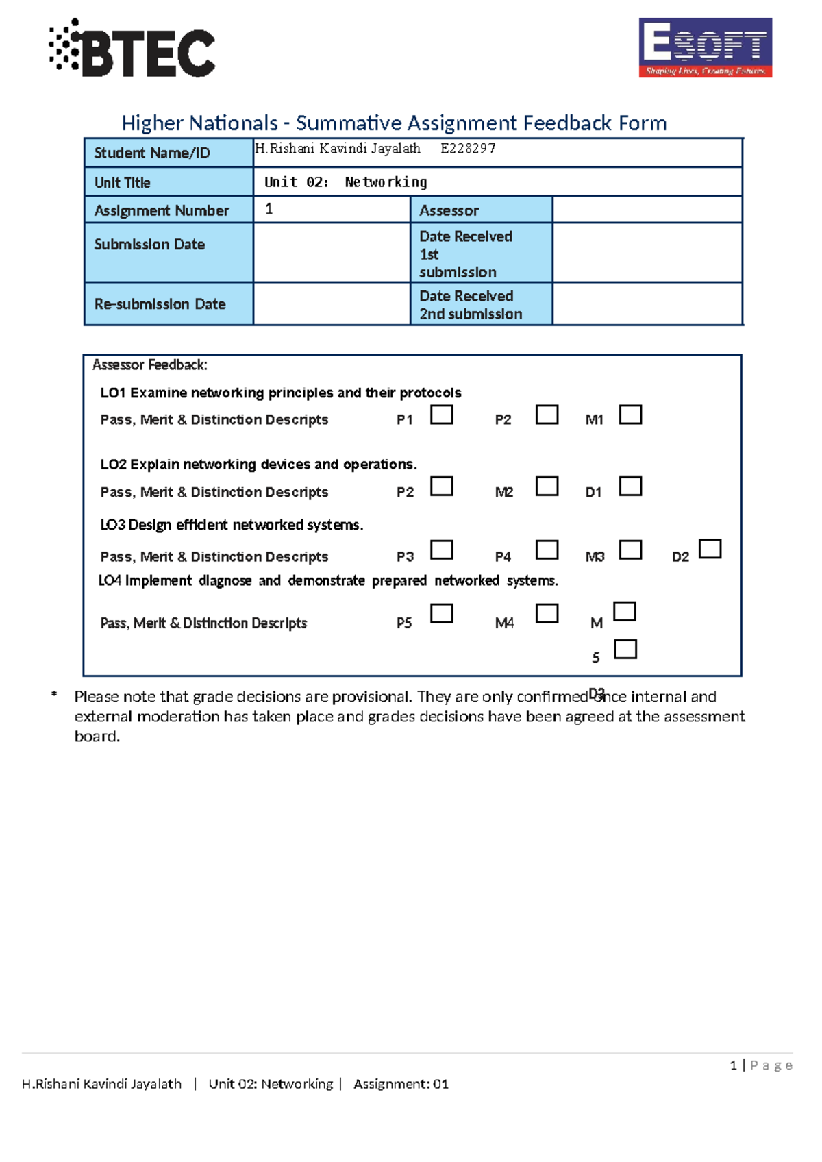 Unit 2 : Networking - Higher Nationals - Summative Assignment Feedback ...